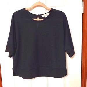 Ann Taylor Dark Navy & Black Chiffon Trim Boxy Slight Crop Sweater Short Sleeve‎